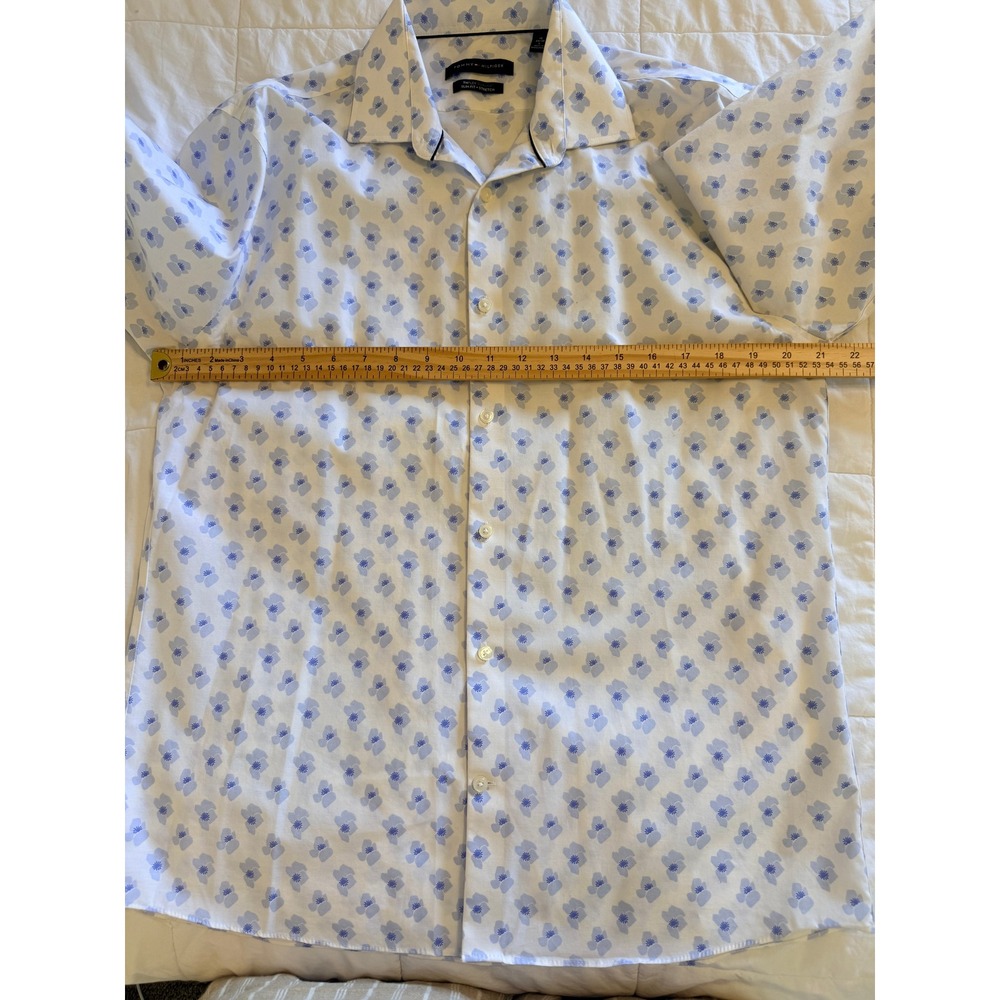 Tommy Hilfiger Mens TH Flex Slim Fit Supima Cotton Blue Floral Dress Shirt 16 L - Picture 6 of 10